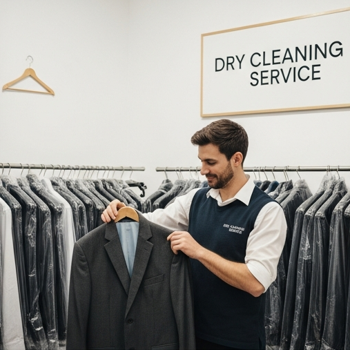 The Big Wash staff member inspecting and organizing cleaned suit jackets at dry cleaning service location in Nine Elms, demonstrating quality garment care